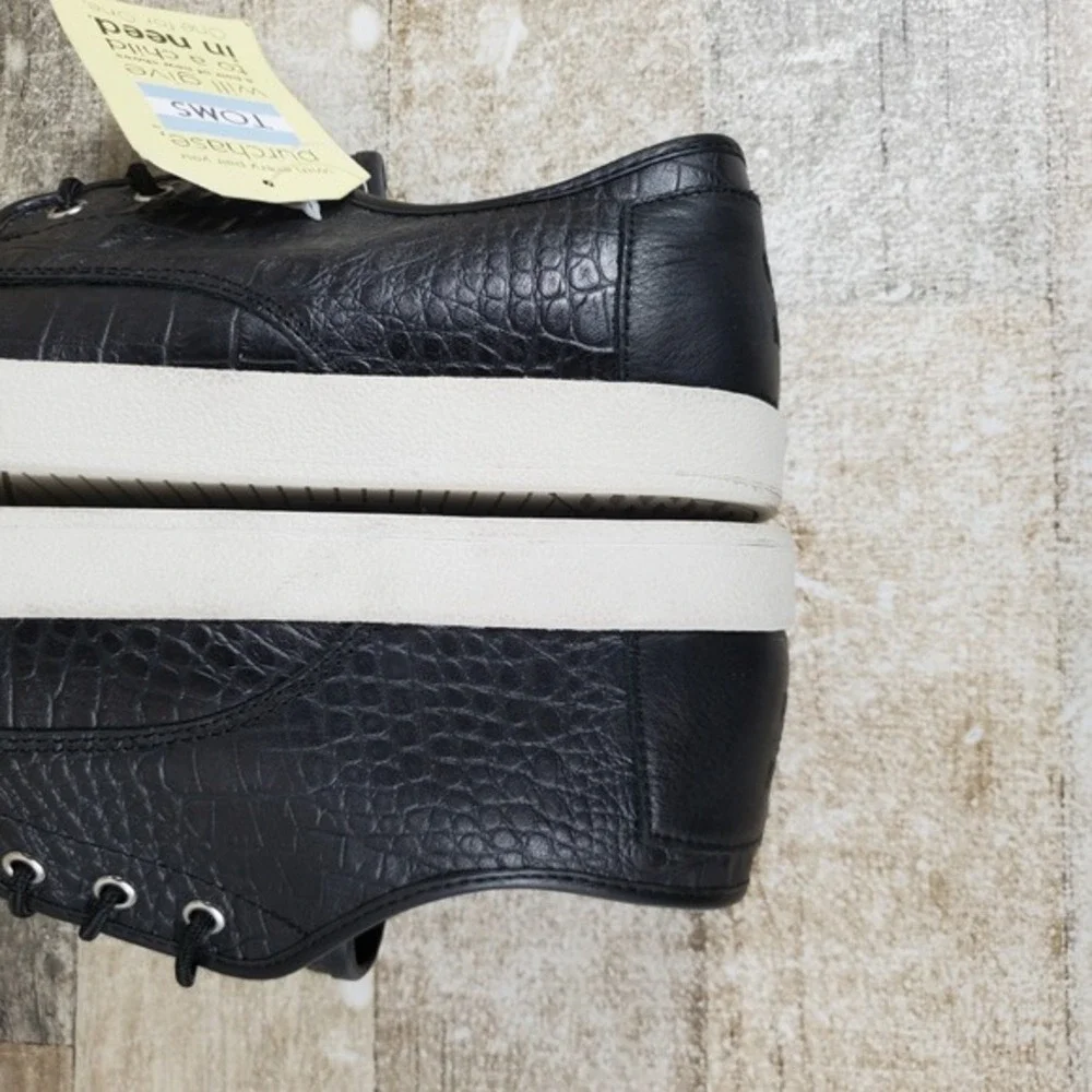 Toms Paseo Mens Casual Shoes Sz 10.5 Black Croc Embossed Leather Lace-Up Sneaker
